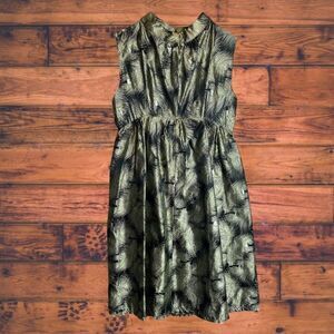 XS Greenish Gold & Black Feather High Neck Sleeveless Handmade Dress‎